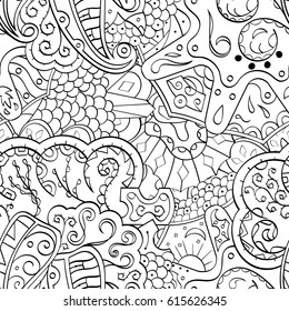 Tracery seamless pattern. Mehndi design. Ethnic monochrome binary doodle texture. Curved doodling black and white background. Vector
