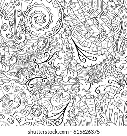 Tracery seamless pattern. Mehndi design. Ethnic monochrome binary doodle texture. Curved doodling black and white background. Vector