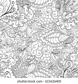 Tracery seamless pattern. Mehndi design. Ethnic monochrome binary doodle texture. Curved doodling black and white background. Vector