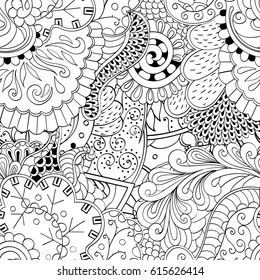 Tracery seamless pattern. Mehndi design. Ethnic monochrome binary doodle texture. Curved doodling black and white background. Vector