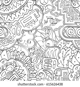 Tracery seamless pattern. Mehndi design. Ethnic monochrome binary doodle texture. Curved doodling black and white background. Vector