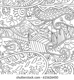 Tracery seamless pattern. Mehndi design. Ethnic monochrome binary doodle texture. Curved doodling black and white background. Vector