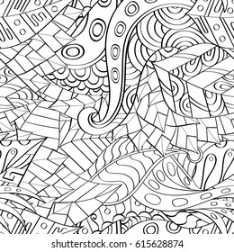 Tracery seamless pattern. Mehndi design. Ethnic monochrome binary doodle texture. Curved doodling black and white background. Vector