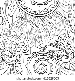 Tracery seamless pattern. Mehndi design. Ethnic monochrome binary doodle texture. Curved doodling black and white background. Vector