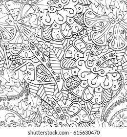 Tracery seamless pattern. Mehndi design. Ethnic monochrome binary doodle texture. Curved doodling black and white background. Vector