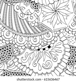 Tracery seamless pattern. Mehndi design. Ethnic monochrome binary doodle texture. Curved doodling black and white background. Vector