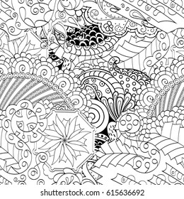 Tracery seamless pattern. Mehndi design. Ethnic monochrome binary doodle texture. Curved doodling black and white background. Vector