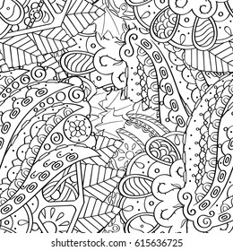 Tracery seamless pattern. Mehndi design. Ethnic monochrome binary doodle texture. Curved doodling black and white background. Vector