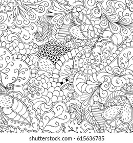 Tracery seamless pattern. Mehndi design. Ethnic monochrome binary doodle texture. Curved doodling black and white background. Vector