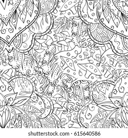 Tracery seamless pattern. Mehndi design. Ethnic monochrome binary doodle texture. Curved doodling black and white background. Vector