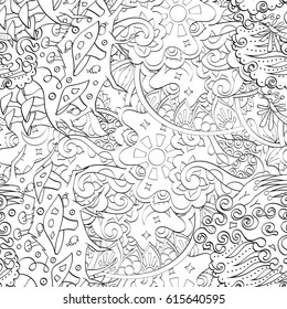 Tracery seamless pattern. Mehndi design. Ethnic monochrome binary doodle texture. Curved doodling black and white background. Vector