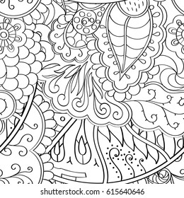 Tracery seamless pattern. Mehndi design. Ethnic monochrome binary doodle texture. Curved doodling black and white background. Vector