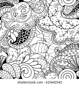 Tracery seamless pattern. Mehndi design. Ethnic monochrome binary doodle texture. Curved doodling black and white background. Vector