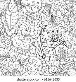 Tracery seamless pattern. Mehndi design. Ethnic monochrome binary doodle texture. Curved doodling black and white background. Vector