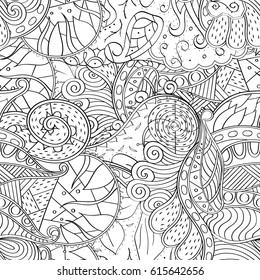 Tracery seamless pattern. Mehndi design. Ethnic monochrome binary doodle texture. Curved doodling black and white background. Vector