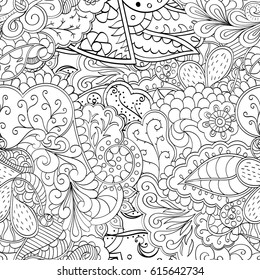 Tracery seamless pattern. Mehndi design. Ethnic monochrome binary doodle texture. Curved doodling black and white background. Vector