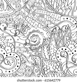 Tracery seamless pattern. Mehndi design. Ethnic monochrome binary doodle texture. Curved doodling black and white background. Vector