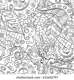 Tracery seamless pattern. Mehndi design. Ethnic monochrome binary doodle texture. Curved doodling black and white background. Vector