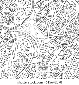 Tracery seamless pattern. Mehndi design. Ethnic monochrome binary doodle texture. Curved doodling black and white background. Vector