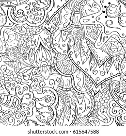 Tracery seamless pattern. Mehndi design. Ethnic monochrome binary doodle texture. Curved doodling black and white background. Vector