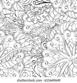 Tracery seamless pattern. Mehndi design. Ethnic monochrome binary doodle texture. Curved doodling black and white background. Vector