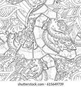 Tracery seamless pattern. Mehndi design. Ethnic monochrome binary doodle texture. Curved doodling black and white background. Vector