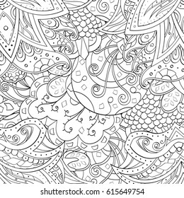 Tracery seamless pattern. Mehndi design. Ethnic monochrome binary doodle texture. Curved doodling black and white background. Vector