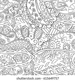 Tracery seamless pattern. Mehndi design. Ethnic monochrome binary doodle texture. Curved doodling black and white background. Vector