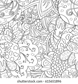 Tracery seamless pattern. Mehndi design. Ethnic monochrome binary doodle texture. Curved doodling black and white background. Vector
