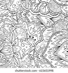 Tracery seamless pattern. Mehndi design. Ethnic monochrome binary doodle texture. Curved doodling black and white background. Vector