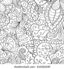 Tracery seamless pattern. Mehndi design. Ethnic monochrome binary doodle texture. Curved doodling black and white background. Vector