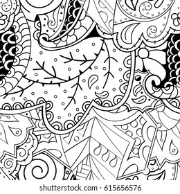 Tracery seamless pattern. Mehndi design. Ethnic monochrome binary doodle texture. Curved doodling black and white background. Vector