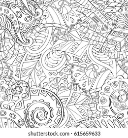 Tracery seamless pattern. Mehndi design. Ethnic monochrome binary doodle texture. Curved doodling black and white background. Vector