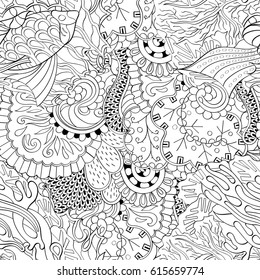 Tracery seamless pattern. Mehndi design. Ethnic monochrome binary doodle texture. Curved doodling black and white background. Vector