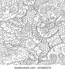 Tracery seamless pattern. Mehndi design. Ethnic monochrome binary doodle texture. Curved doodling black and white background. Vector
