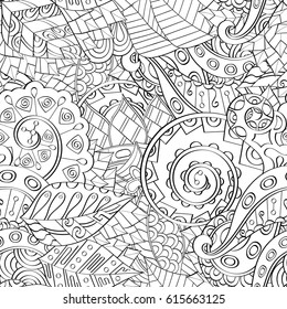 Tracery seamless pattern. Mehndi design. Ethnic monochrome binary doodle texture. Curved doodling black and white background. Vector