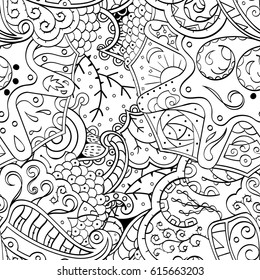 Tracery seamless pattern. Mehndi design. Ethnic monochrome binary doodle texture. Curved doodling black and white background. Vector