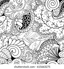 Tracery seamless pattern. Mehndi design. Ethnic monochrome binary doodle texture. Curved doodling black and white background. Vector