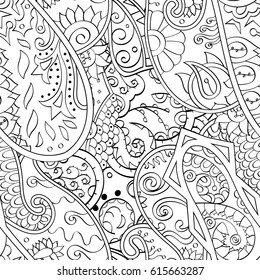 Tracery seamless pattern. Mehndi design. Ethnic monochrome binary doodle texture. Curved doodling black and white background. Vector