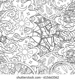 Tracery seamless pattern. Mehndi design. Ethnic monochrome binary doodle texture. Curved doodling black and white background. Vector