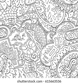Tracery seamless pattern. Mehndi design. Ethnic monochrome binary doodle texture. Curved doodling black and white background. Vector