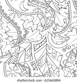 Tracery seamless pattern. Mehndi design. Ethnic monochrome binary doodle texture. Curved doodling black and white background. Vector