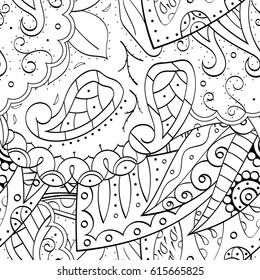 Tracery seamless pattern. Mehndi design. Ethnic monochrome binary doodle texture. Curved doodling black and white background. Vector