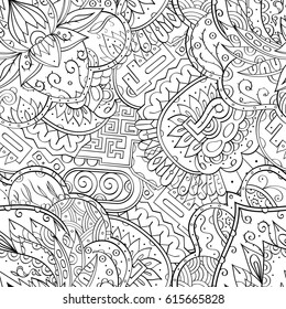 Tracery seamless pattern. Mehndi design. Ethnic monochrome binary doodle texture. Curved doodling black and white background. Vector