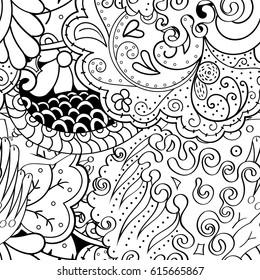 Tracery seamless pattern. Mehndi design. Ethnic monochrome binary doodle texture. Curved doodling black and white background. Vector