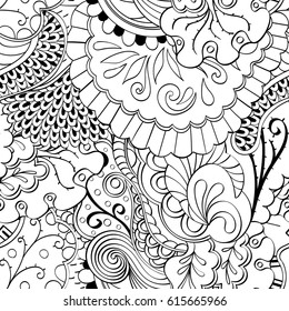 Tracery seamless pattern. Mehndi design. Ethnic monochrome binary doodle texture. Curved doodling black and white background. Vector