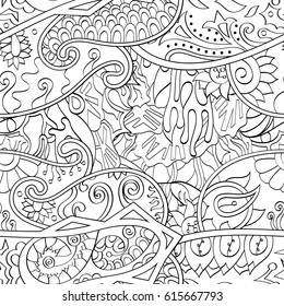 Tracery seamless pattern. Mehndi design. Ethnic monochrome binary doodle texture. Curved doodling black and white background. Vector