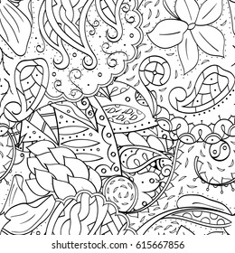 Tracery seamless pattern. Mehndi design. Ethnic monochrome binary doodle texture. Curved doodling black and white background. Vector