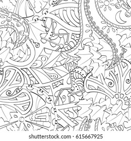 Tracery seamless pattern. Mehndi design. Ethnic monochrome binary doodle texture. Curved doodling black and white background. Vector