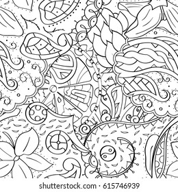 Tracery seamless pattern. Mehndi design. Ethnic monochrome binary doodle texture. Curved doodling black and white background. Vector